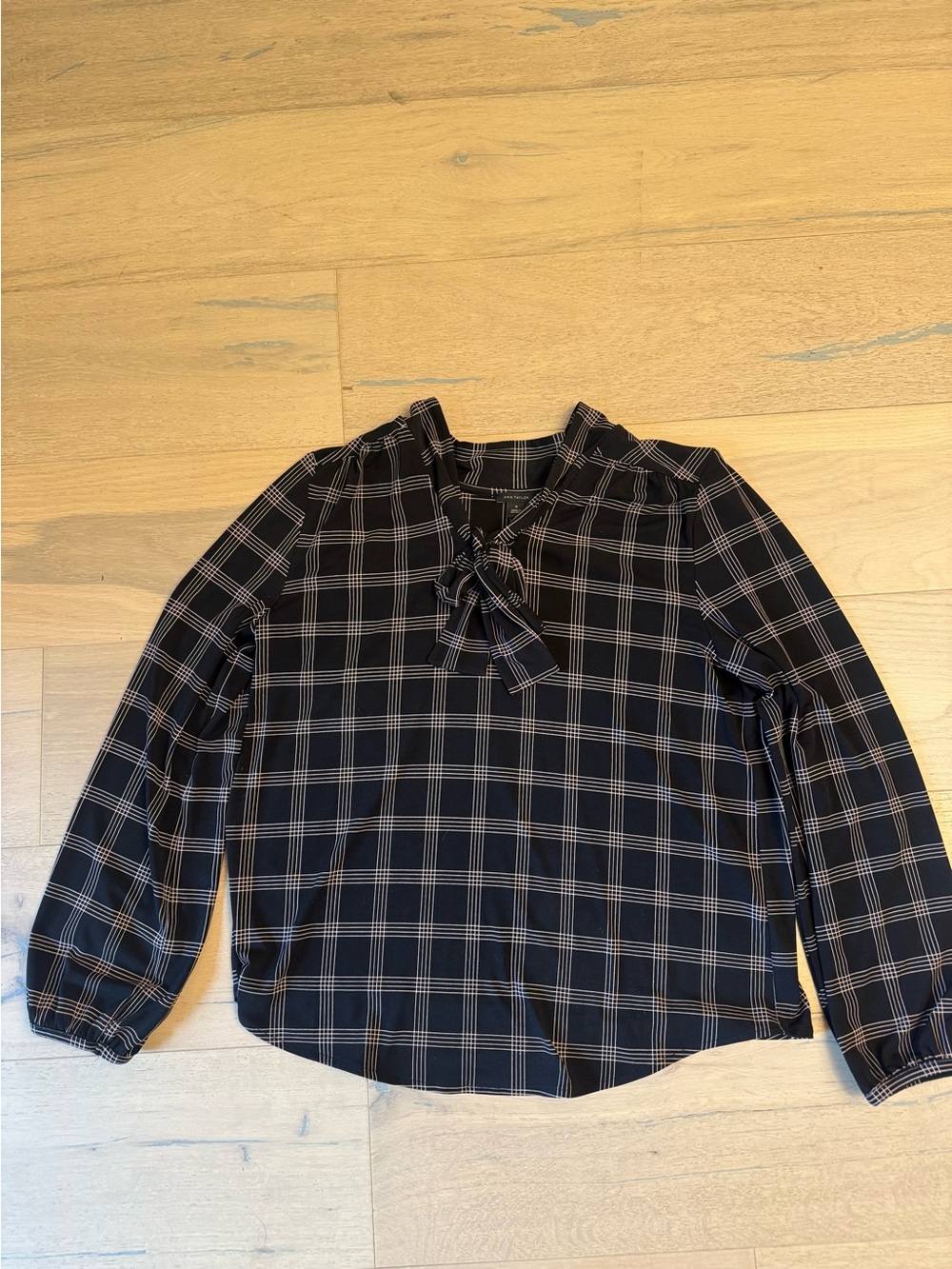 Ann Taylor Tie Neck Blouse, Black Plaid, W’s M